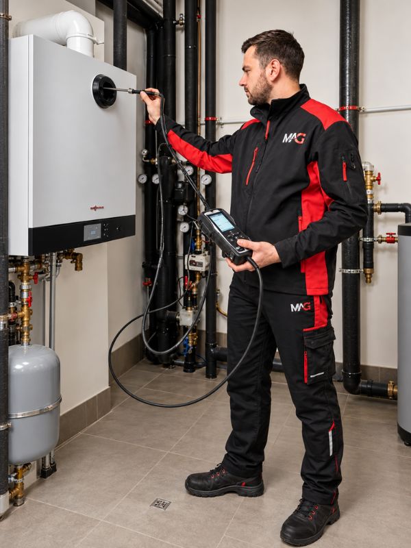 MAG Techniker bei Kontrolle und Messung an einer gasbefeuerten Heizungsanlage