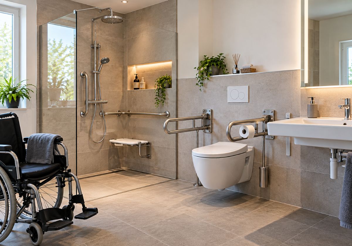 Barrierearme Badezimmerlösung mit gut zugänglicher Dusche