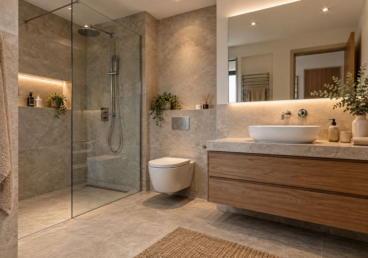 Dusche, WC und Waschtisch im modernisierten Badezimmer